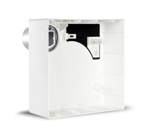 Vortice Quadro EVO QE 100 LL TP radiális ventilátoregység előlappal, állítható előkésleltetéssel és utánfutással, G2 szűrővel, IP45 védettséggel, wc-be, fürdőszobába, társasházakba